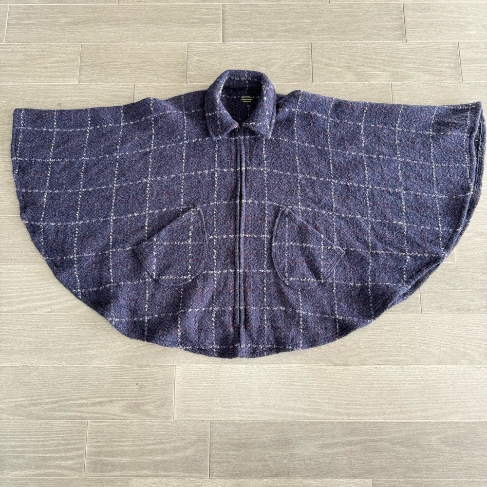 John Branigan Weavers Ireland Poncho Cape Jacket Blue Plaid Wool Tweed Boucle OS - Picture 14 of 16